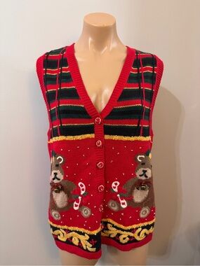 Carly St. Claire Sears Vintage Christmas Vest Bears Red Holiday Bells Deadstock